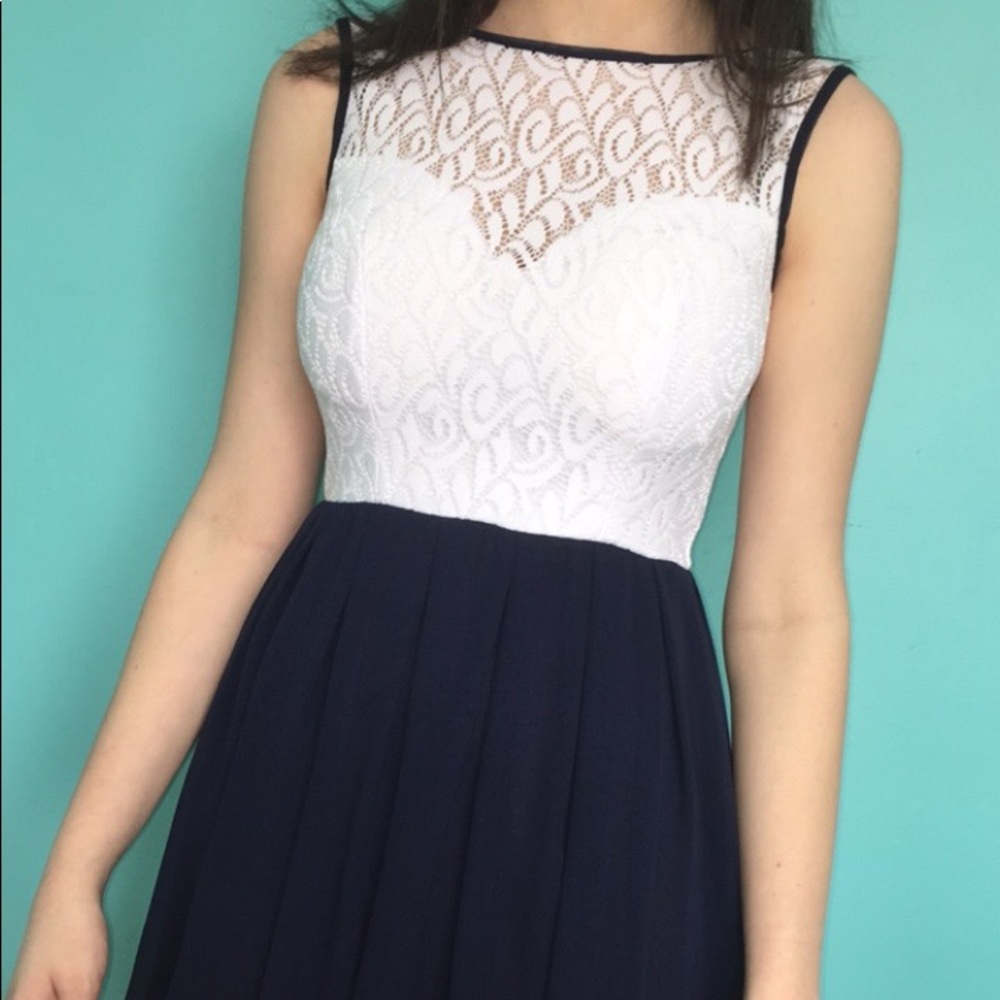 white and navy formal dress